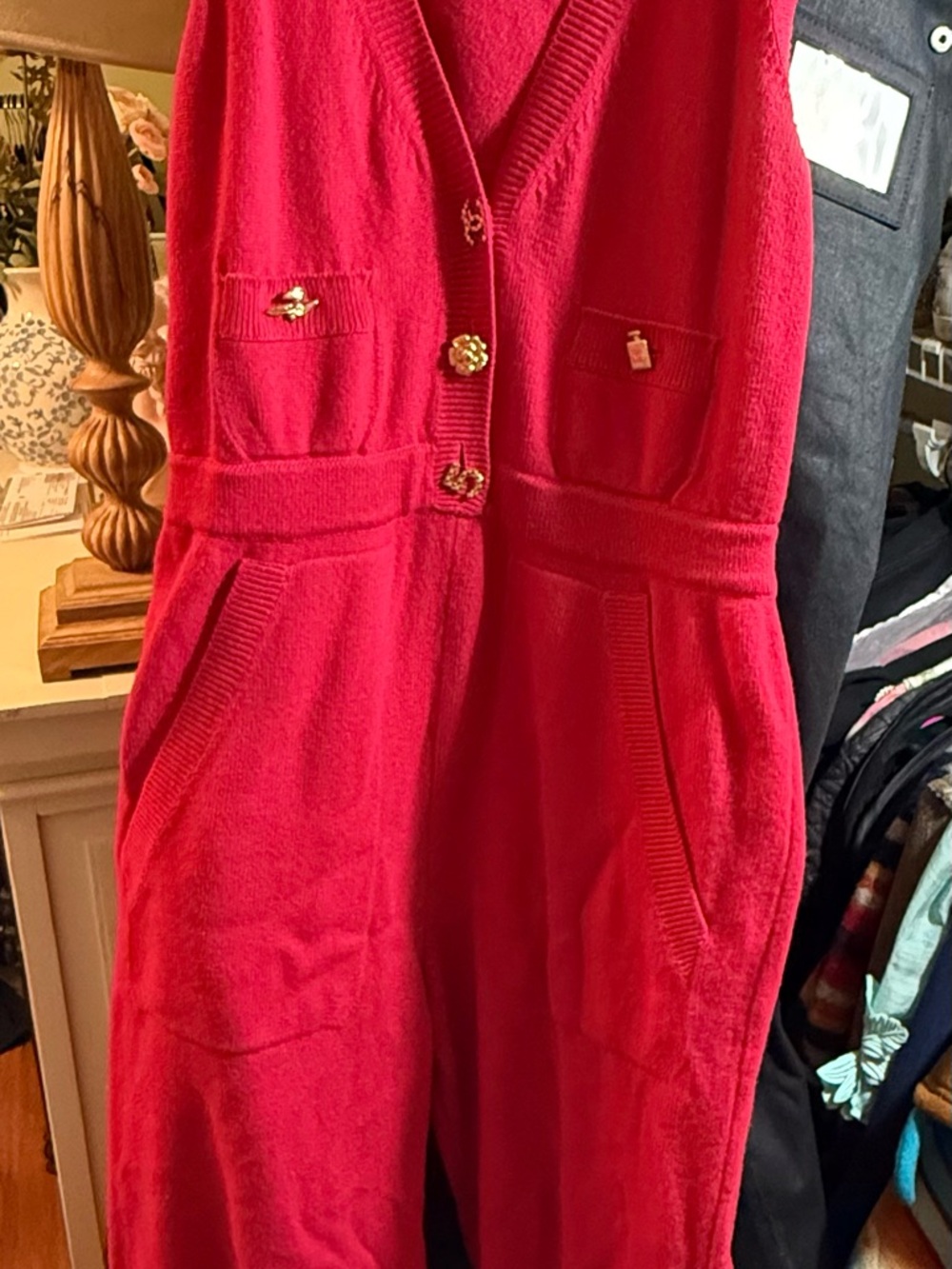 CHANEL Hot Pink Knit cashmere Jumpsuit with Gold Buttons 2022 collection